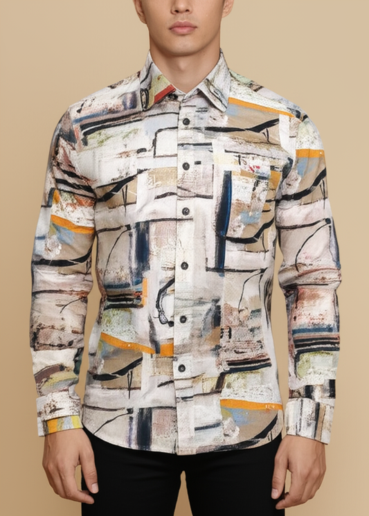 Mitty Beige Rose Floral Print Full Sleeve Shirt for Men