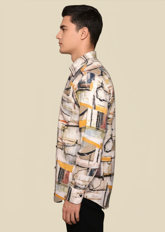 Mitty Beige Rose Floral Print Full Sleeve Shirt for Men