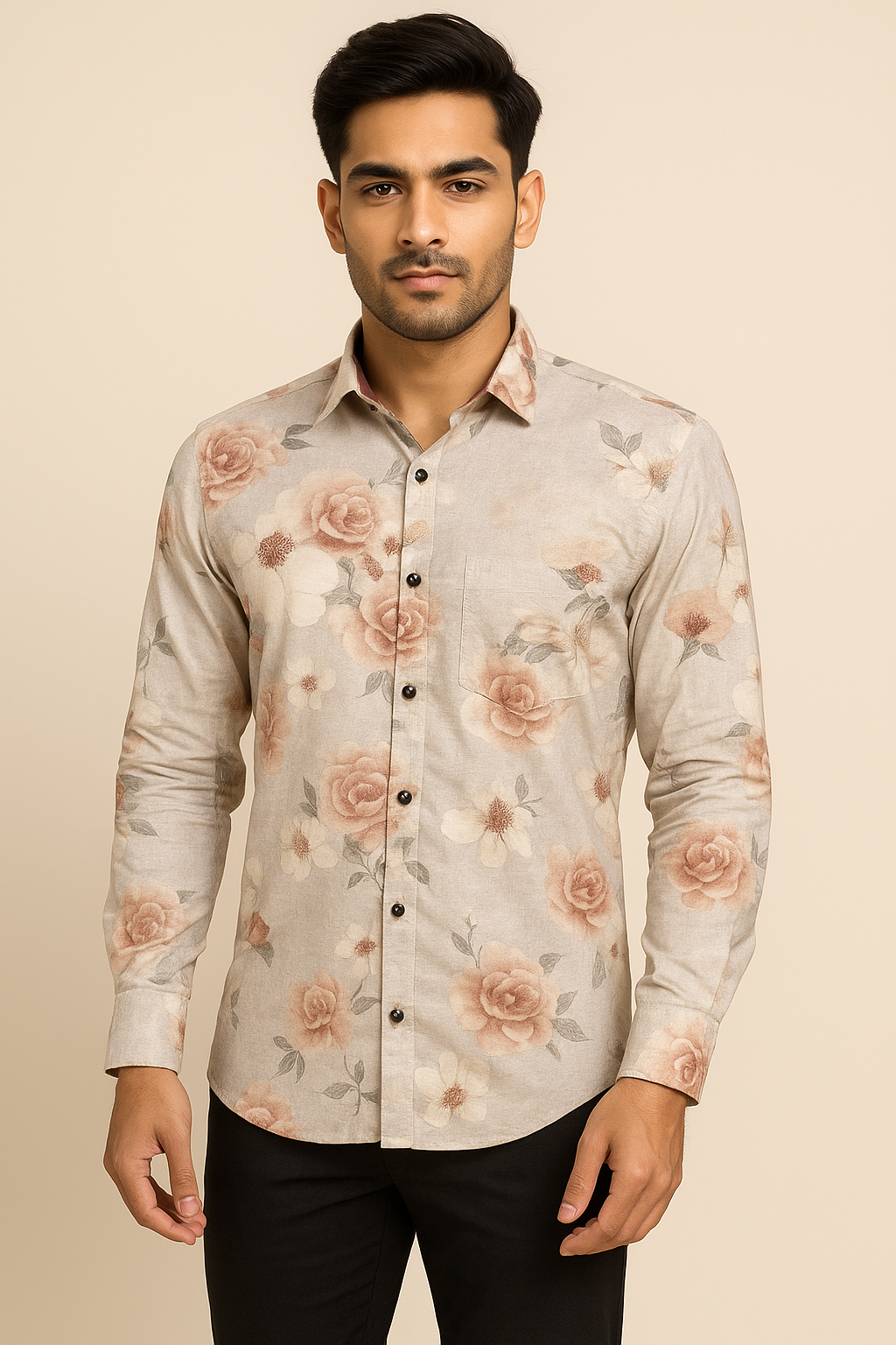 Mitty Beige Rose Floral Print Full Sleeve Shirt for Men