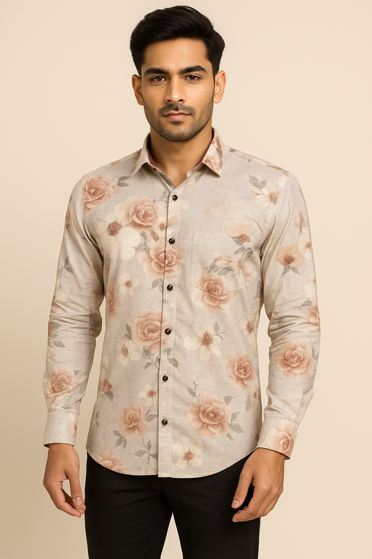 Mitty Beige Rose Floral Print Full Sleeve Shirt for Men