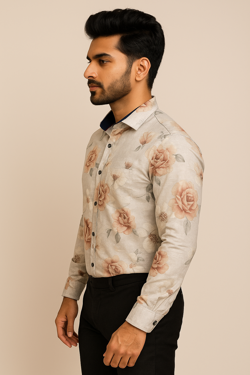 Mitty Beige Rose Floral Print Full Sleeve Shirt for Men