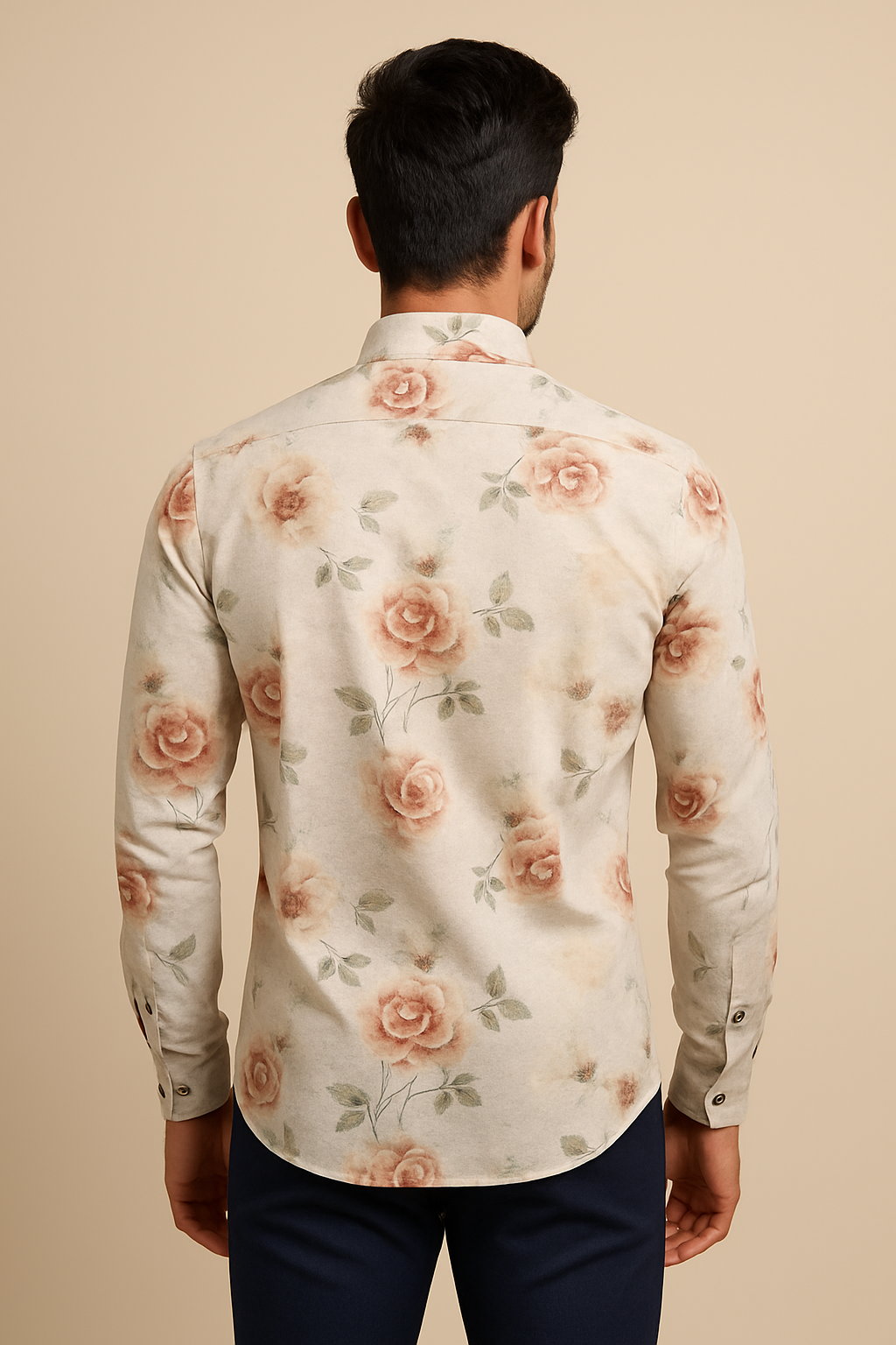 Mitty Beige Rose Floral Print Full Sleeve Shirt for Men