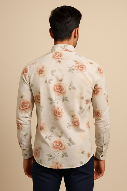 Mitty Beige Rose Floral Print Full Sleeve Shirt for Men