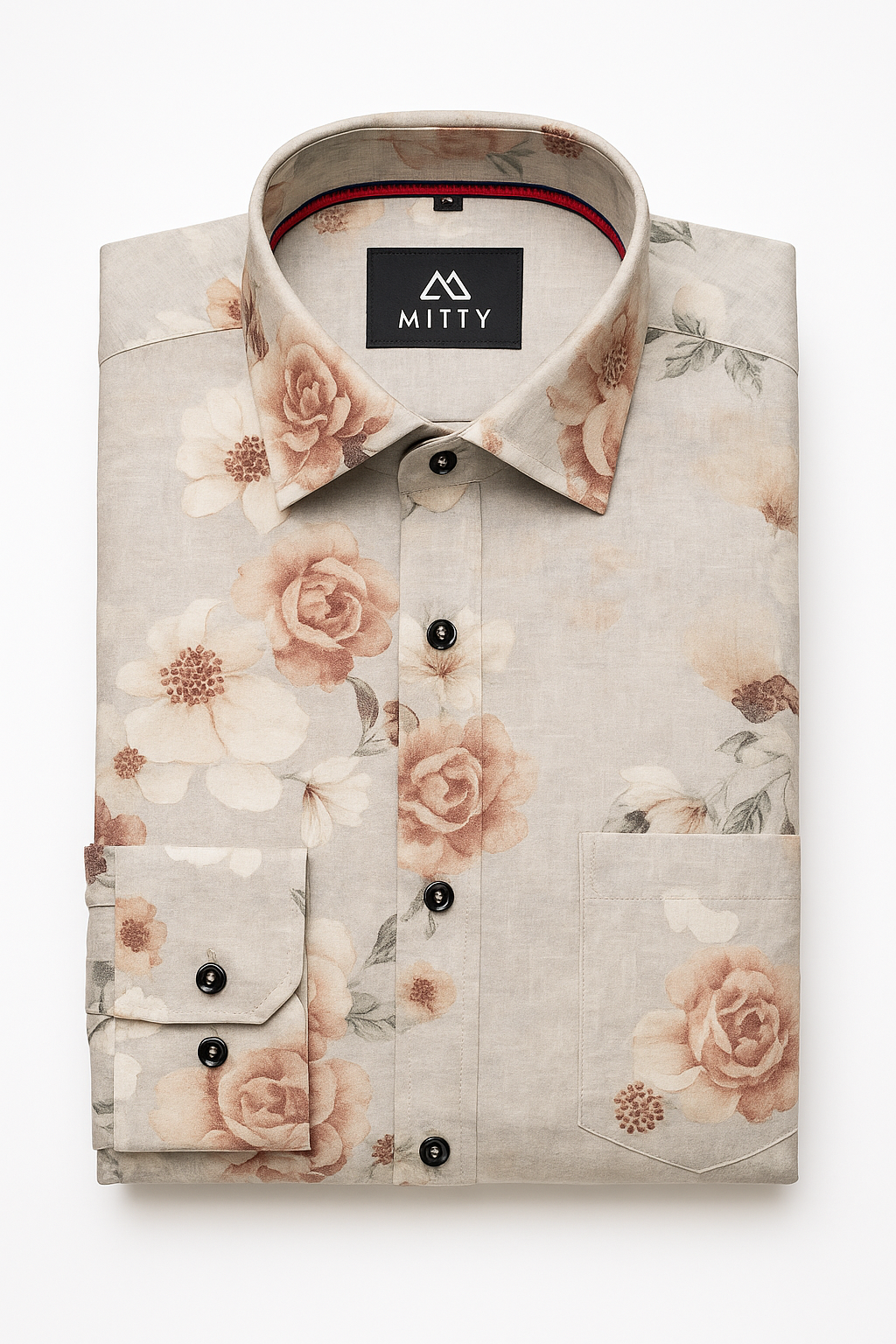 Mitty Beige Rose Floral Print Full Sleeve Shirt for Men