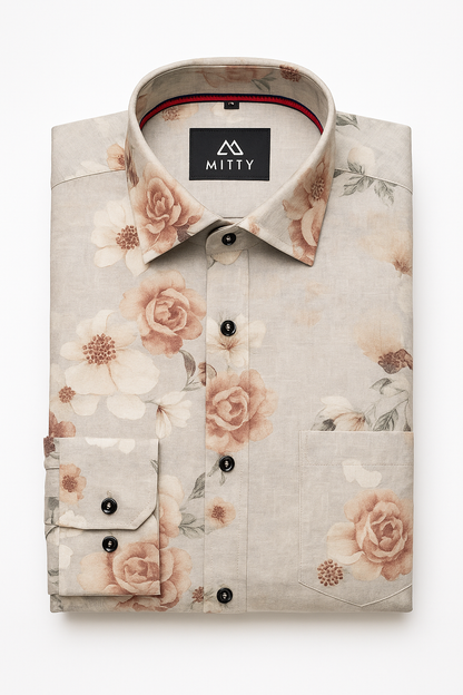 Mitty Beige Rose Floral Print Full Sleeve Shirt for Men
