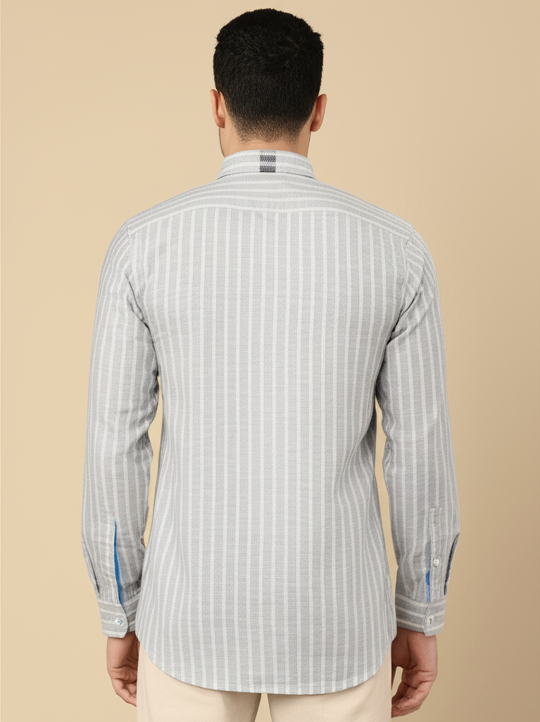 Mitty Grey and White Striped Full Sleeve Linen Shirt for Men