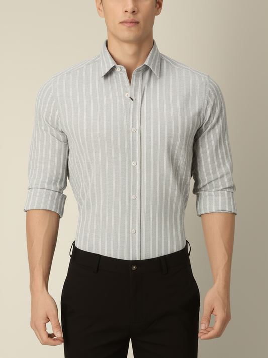Mitty Grey and White Striped Full Sleeve Linen Shirt for Men