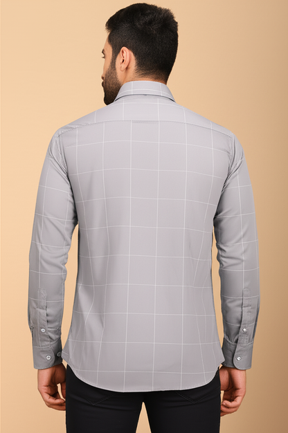 Mitty Light Grey Grid Pattern Full Sleeve Shirt for Men