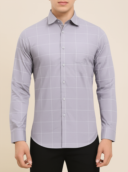 Mitty Light Grey Grid Pattern Full Sleeve Shirt for Men
