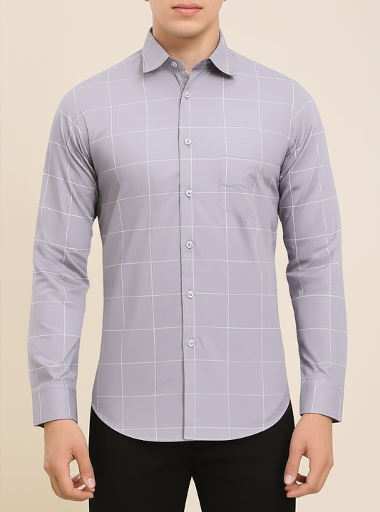 Mitty Light Grey Grid Pattern Full Sleeve Shirt for Men