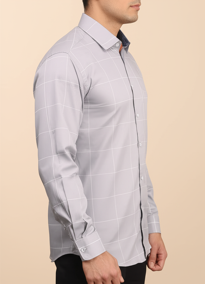 Mitty Light Grey Grid Pattern Full Sleeve Shirt for Men