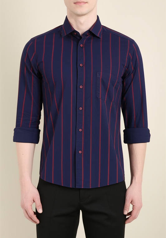Mitty indigo Navy Blue red Striped Full Sleeve Shirt for Men
