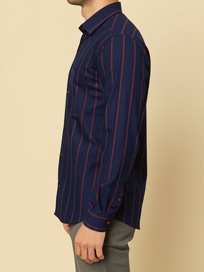 Mitty indigo Navy Blue red Striped Full Sleeve Shirt for Men