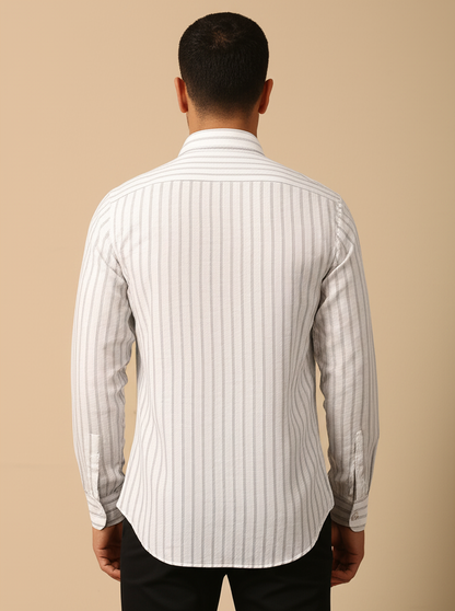 Mitty White Grey Striped Full Sleeve Linen Shirt for Men