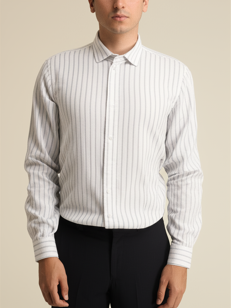 Mitty White Grey Striped Full Sleeve Linen Shirt for Men