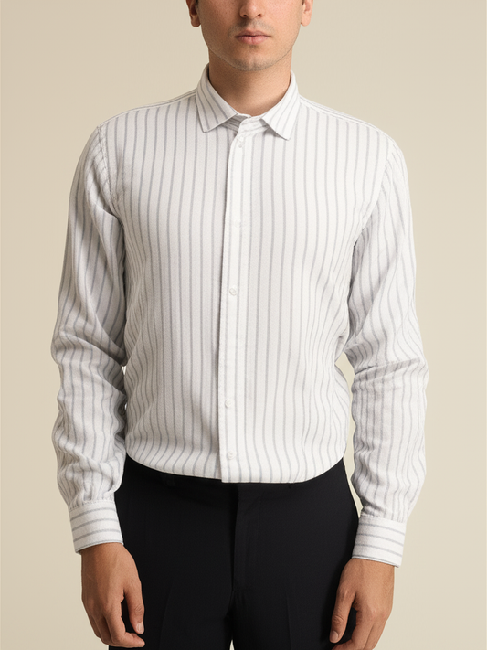Mitty White Grey Striped Full Sleeve Linen Shirt for Men