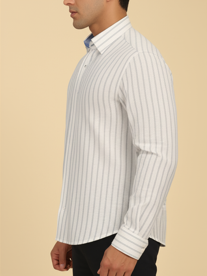 Mitty White Grey Striped Full Sleeve Linen Shirt for Men