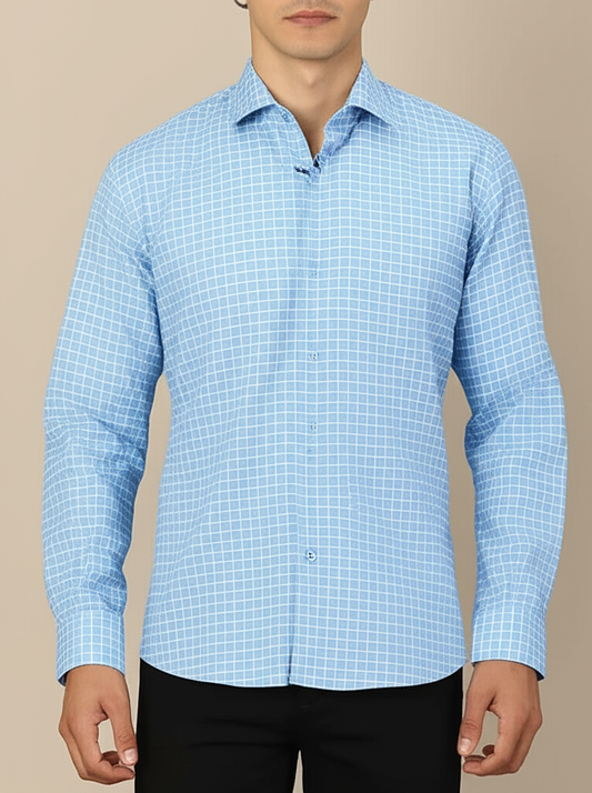 Mitty Sky Blue Checkered Pattern Full Sleeve Shirt for Men
