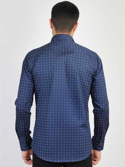 MITTY Navy Blue Patterned Cotton Full Sleeve Shirt for Men