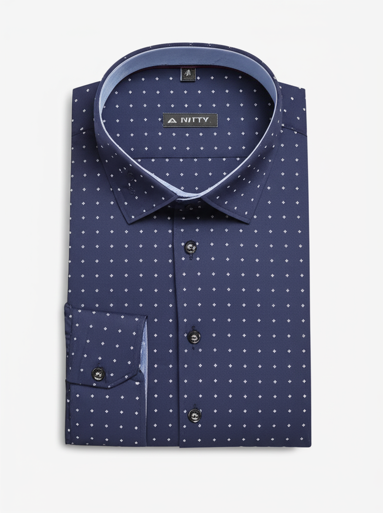 MITTY Navy Blue Patterned Cotton Full Sleeve Shirt for Men