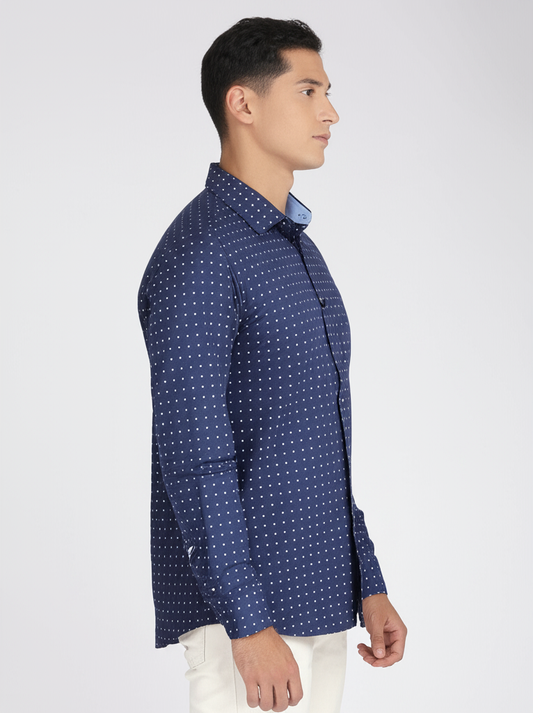 MITTY Navy Blue Patterned Cotton Full Sleeve Shirt for Men